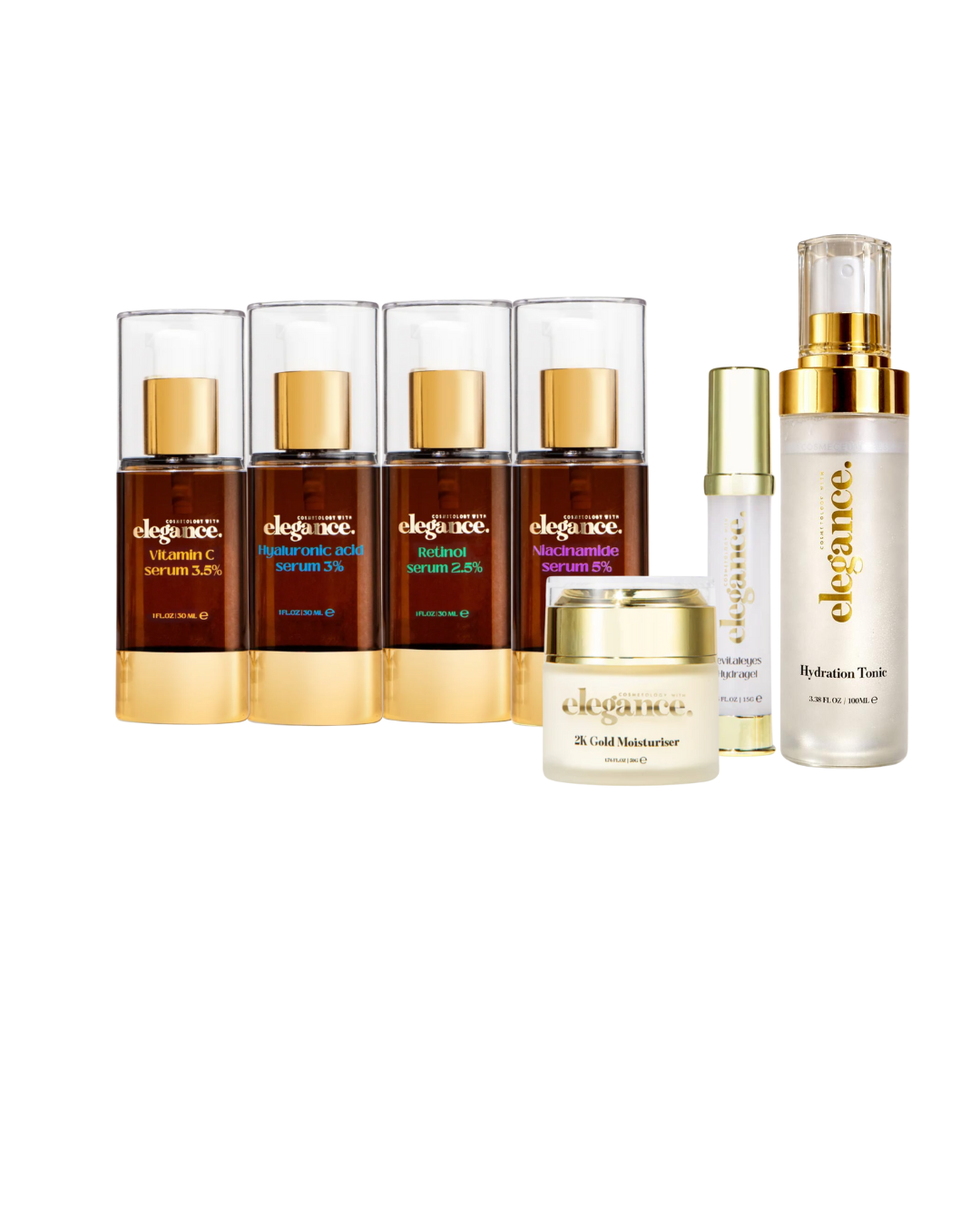 Essential Skincare Kit Luxury UK skincare bundle with Hydration Tonic, Vitamin C, Retinol, Niacinamide, Hyaluronic Acid serums, RevitalEyes Hydragel, and 2K Gold Moisturiser for glowing, hydrated, and youthful skin